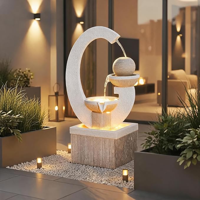 31-Inch Modern Outdoor Fountain with LED Light | Garden Decor