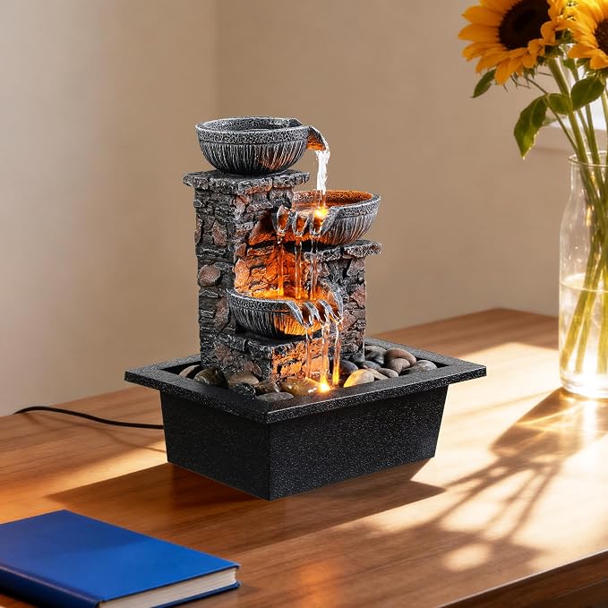 Tabletop Waterfall Fountain with LED Light | 3 Bowls