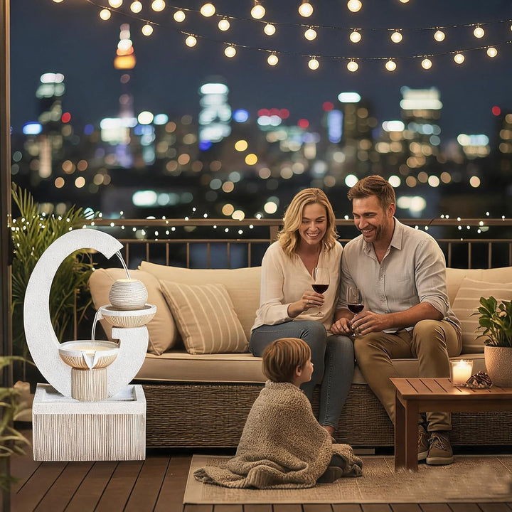 31-Inch Modern Outdoor Fountain with LED Light | Garden Decor