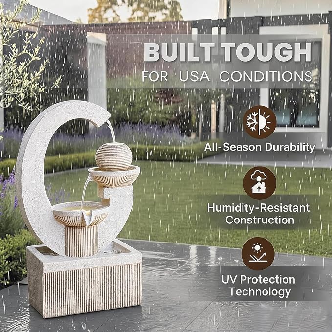 31-Inch Modern Outdoor Fountain with LED Light | Garden Decor