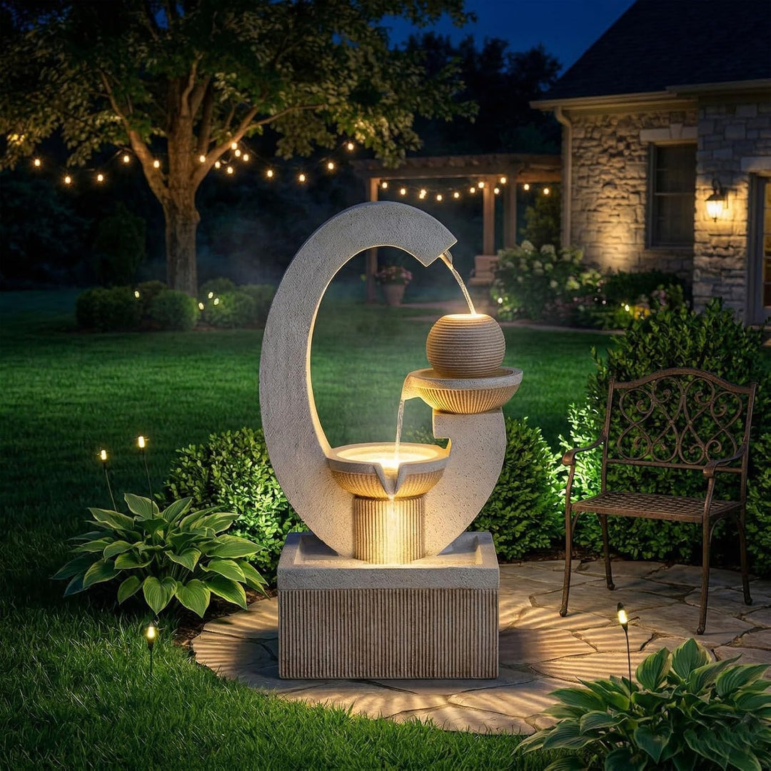 31-Inch Modern Outdoor Fountain with LED Light | Garden Decor