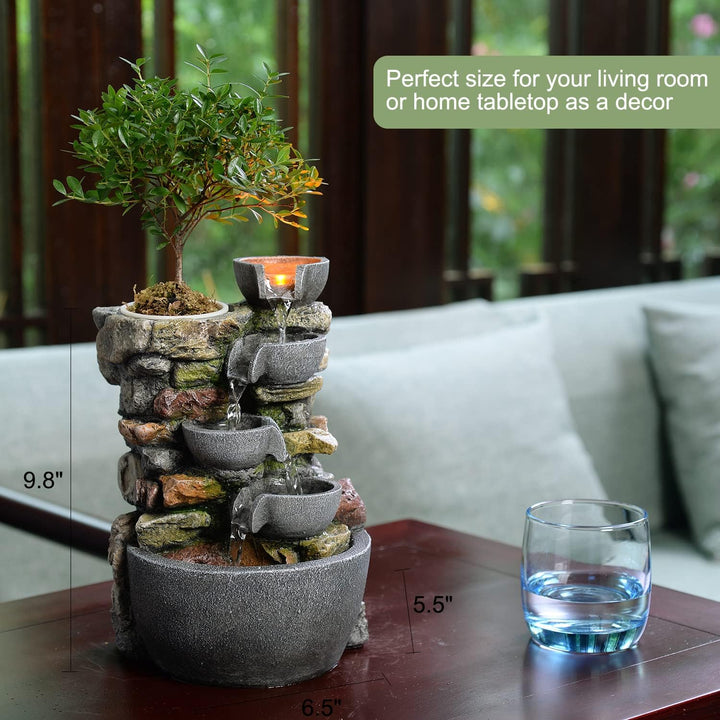 4-Bowl Indoor Water Fountain with LED Light | Rockery Decor