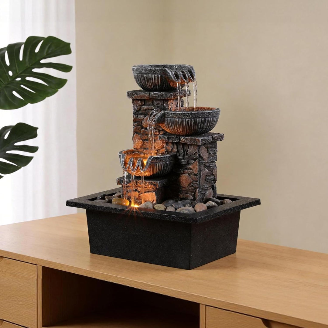 Tabletop Waterfall Fountain with LED Light | 3 Bowls