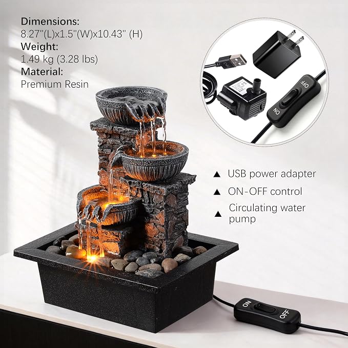 Tabletop Waterfall Fountain with LED Light | 3 Bowls