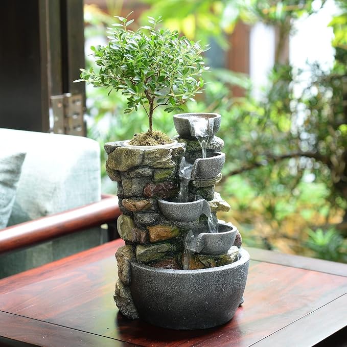 4-Bowl Indoor Water Fountain with LED Light | Rockery Decor