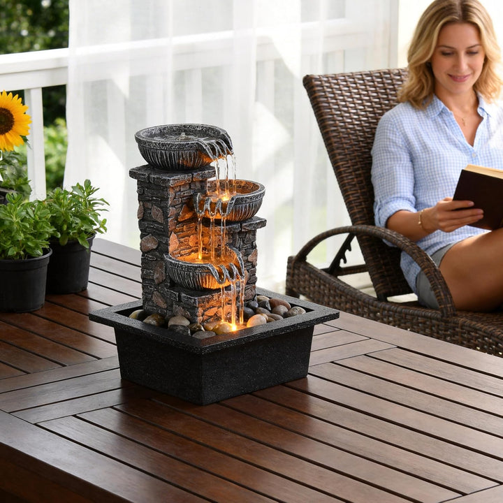 Tabletop Waterfall Fountain with LED Light | 3 Bowls
