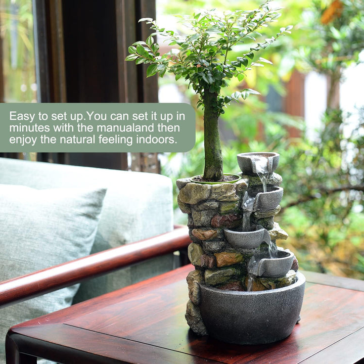 4-Bowl Indoor Water Fountain with LED Light | Rockery Decor