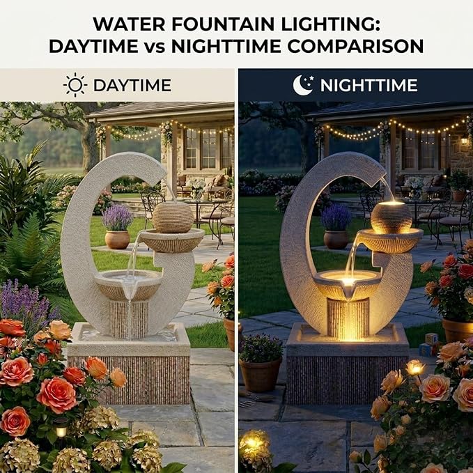 31-Inch Modern Outdoor Fountain with LED Light | Garden Decor