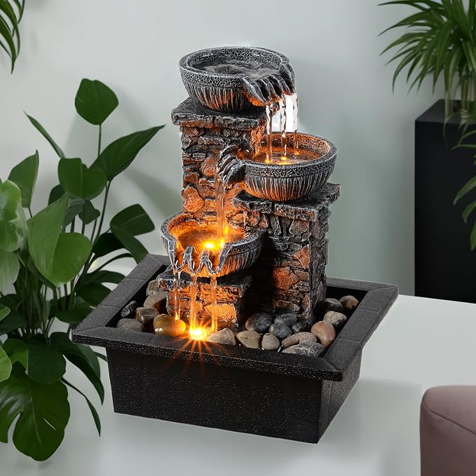 Tabletop Waterfall Fountain with LED Light | 3 Bowls